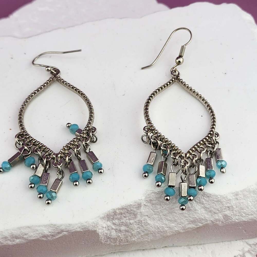 Teal Bead Silver Tone Teardrop Chandelier Earrings Fringe Boho Statement Pair